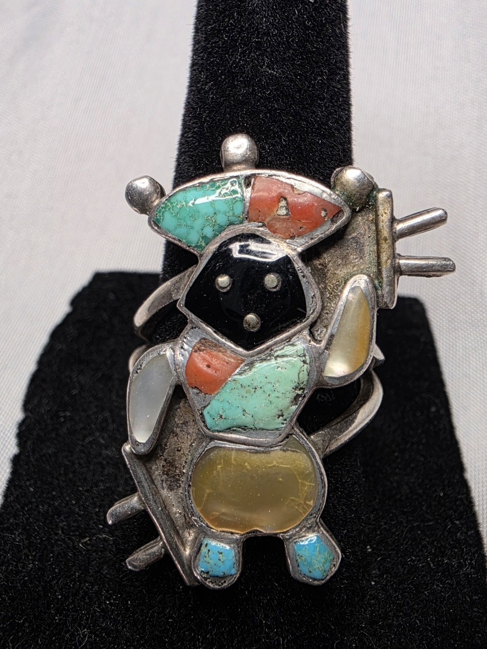Vintage Native American sterling silver Ring, Dancer, Sz 6.5, Inlay Mixed Stones
